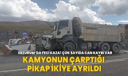 Erzurum'da feci kaza! Kamyonun çarptığı pikap ikiye ayrıldı