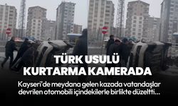 Türk usulü kurtarma kamerada: Devrilen otomobili içindekilerle birlikte düzelttiler