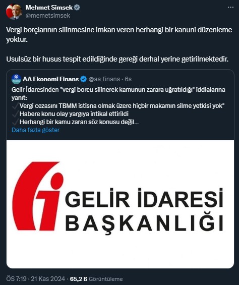 MEHMET ŞİMŞEK TWEET PAYLAŞIMI