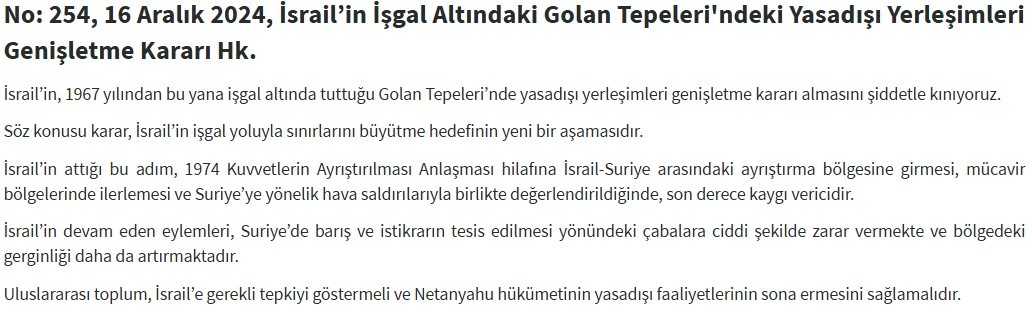 Dışişleri Bakanlığı: “İsrail’in Golan Tepeleri’nde yasa dışı yerleşimleri genişletme kararı almasını şiddetle kınıyoruz”