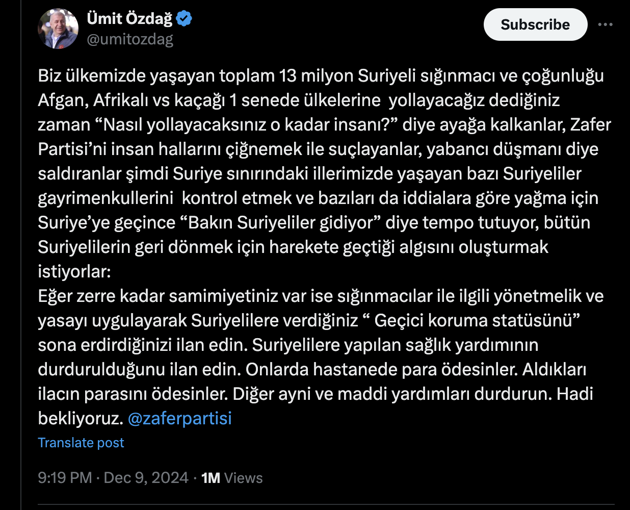 Ümit Özdaağ yine suriyelileri hedef aldı