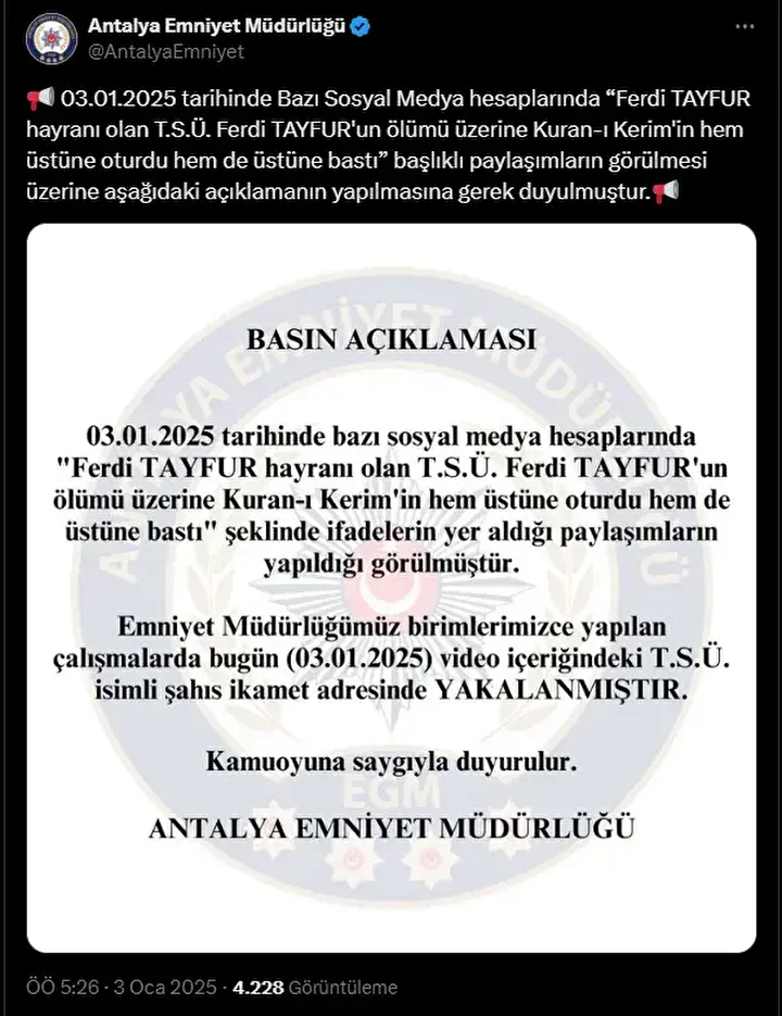 Ferdi Tayfur Hayranlığı Ile Bilinen Talha Siraç Ünlü Emniyet Müdürlüğ Açıklama