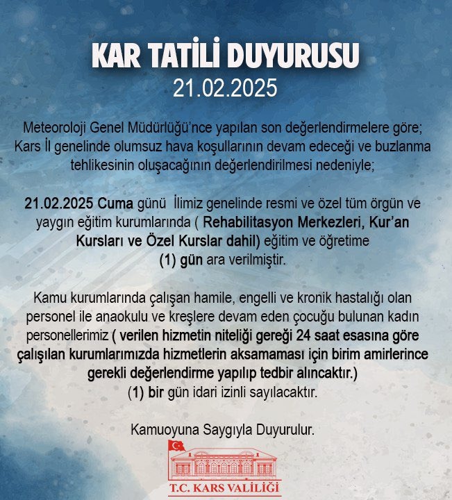 Kars'ta olumsuz hava koşulları nedeniyle yarın eğitime bir gün ara verildi