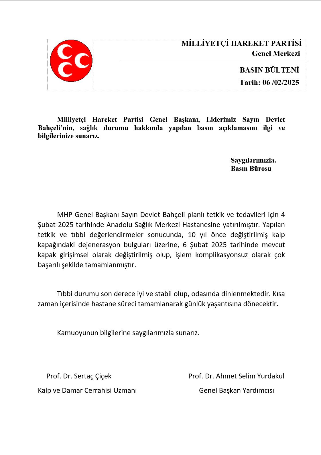 bahçeli sağlık durumu hakkında açıklama