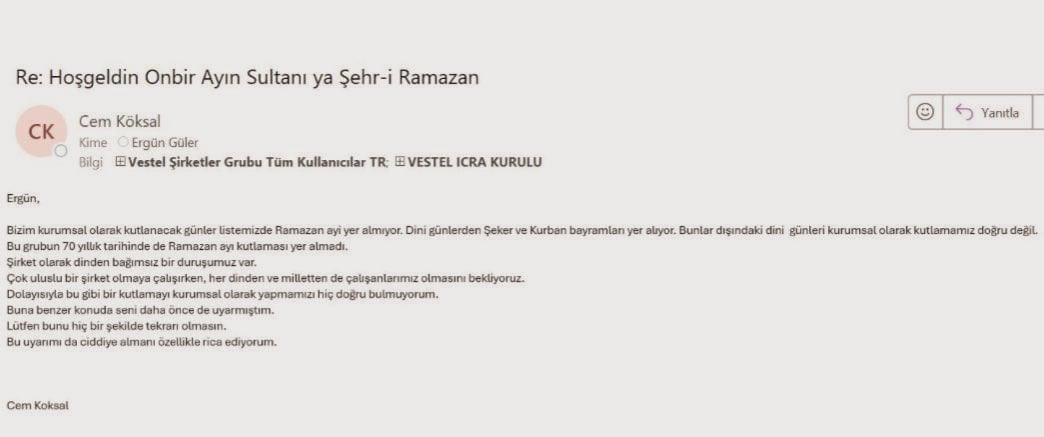 Zorlu Holding CEO'sundan Ramazan tebriğine sert tepki: 70 yıllık tarihimizde Ramazan ayı kutlaması yok