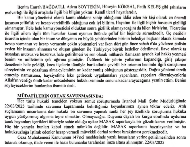 İmamoğlu'nun savcılıkta verdiği ikinci ifade de ortaya çıktı. İmamoğlu'nun 2 sayfalık ifadesi şu şekilde: