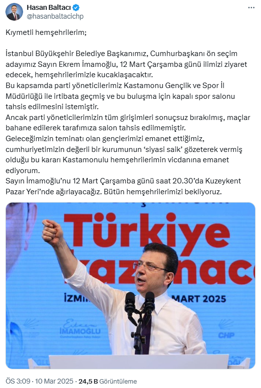 Kastamonu Belediye Başkanı Hasan Baltacı Ekrem Imamoğlu