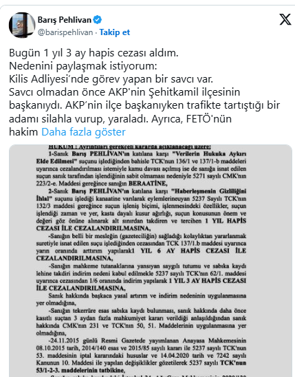 Barış Pehlivan A Hapis Cezası